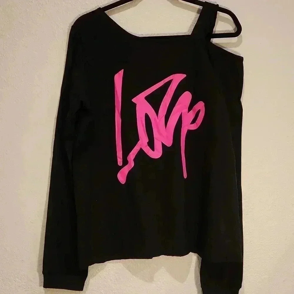 MAGICMK Black Top Long Sleeve Shirt With Love Print Size M